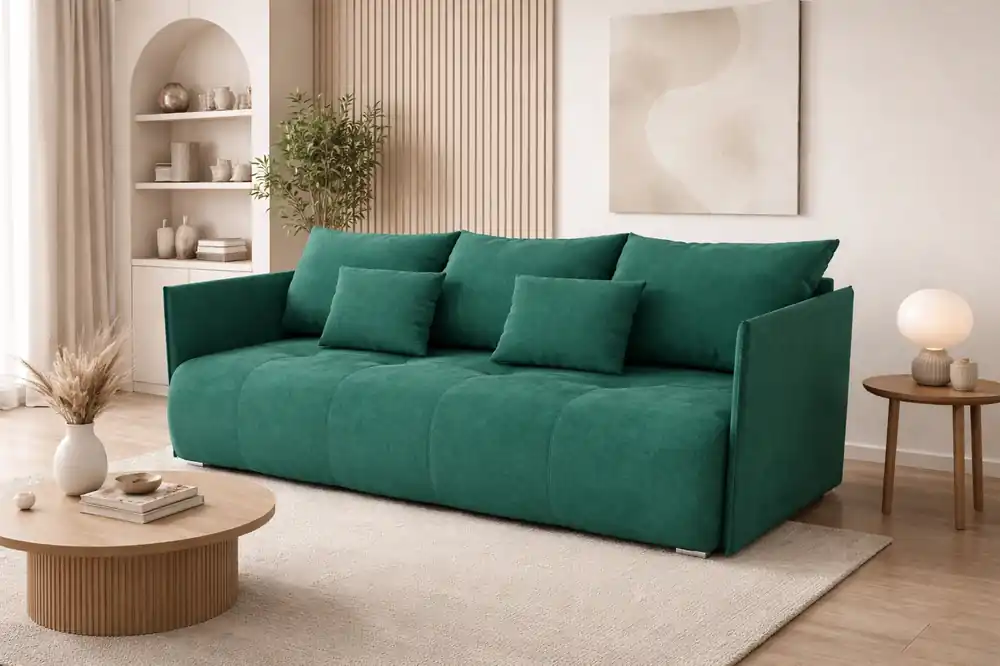 Sofa mit Schlaffunktion Selva Flaschen grün Funktionssofa mit Bettzeugbehälter aus bequemem Plüschstoff Zertifiziert