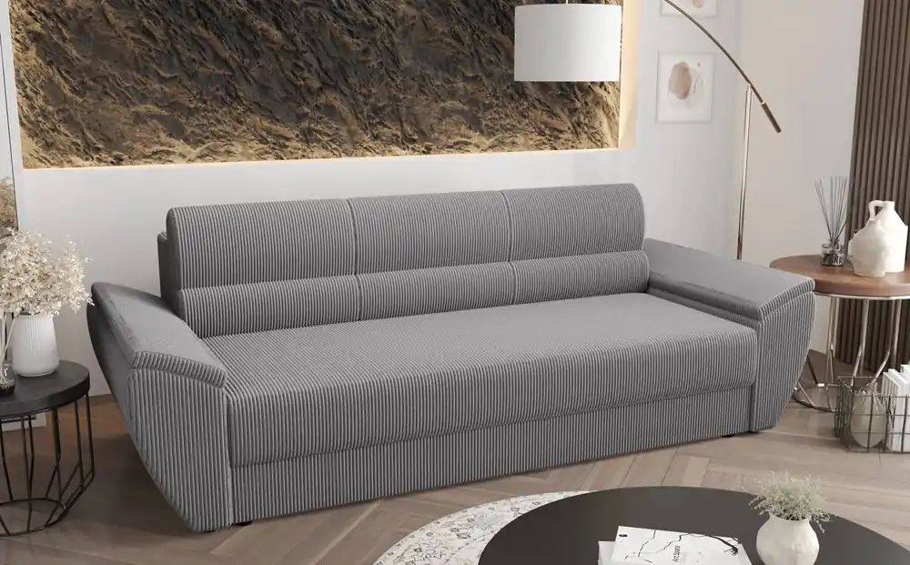 Direktkauf Sofa Fogu Bis grau Esche stilvolles Sofa mit bequemen Armlehnen Cord-Stoff-Polsterung Container für Bettzeug