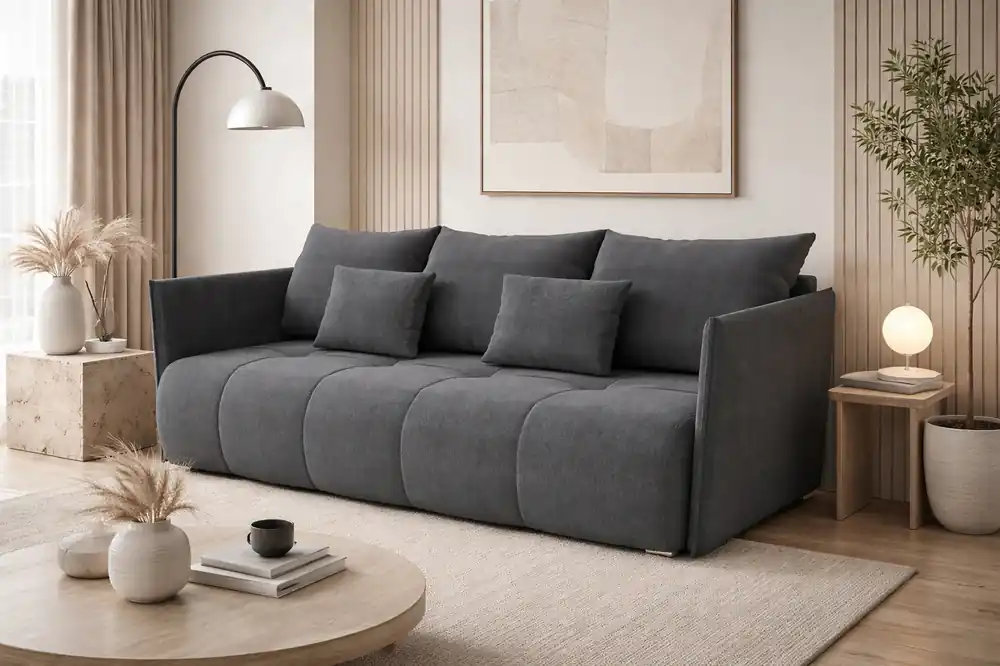 Sonderangebot Sofa mit Schlaffunktion Selva dunkelgrau funktionelles Wohnzimmersofa mit Stauraum für Bettzeug aus strapazierfähigem Webstoff