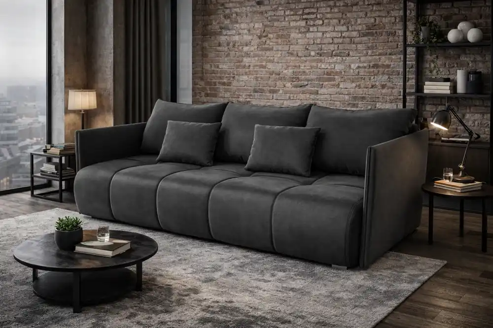 Sofa mit Schlaffunktion Selva grau Funktionssofa für Wohnzimmer mit Bettzeugbehälter aus weichem Samtstoff Top-Preis