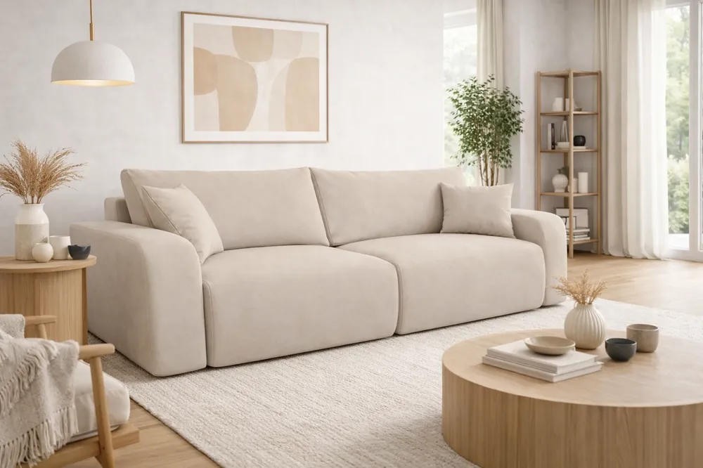 Sofa Fiesta hellbeige funktionelles Wohnzimmersofa mit Bettzeugablage elegantes Design Plüschstoff Zertifiziert