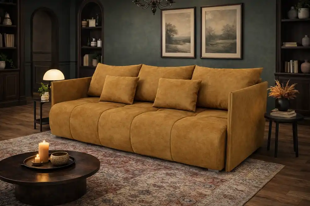 Markenware Sofa mit Schlaffunktion Selva honig funktionelles Wohnzimmersofa mit Bettzeugablage Samtstoff mit eleganter Struktur