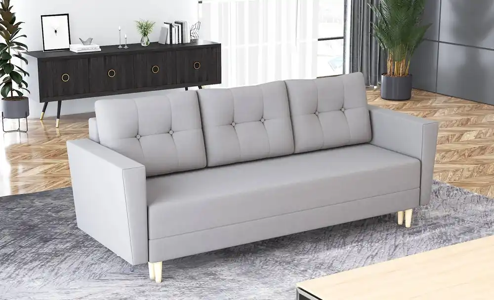 Sonderaktion Sofa Telsze grau elegantes Sofa für Wohnzimmer in skandinavischer Form hohe Holzbeine Container für Bettzeug