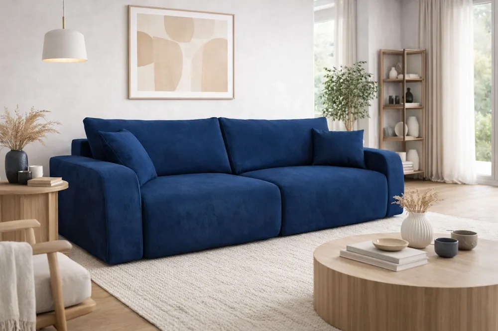 Begrenztes Angebot Sofa Fiesta dunkelblau funktionelles Wohnzimmersofa mit Bettzeugablage elegantes Design strapazierfähiger Plüschstoff