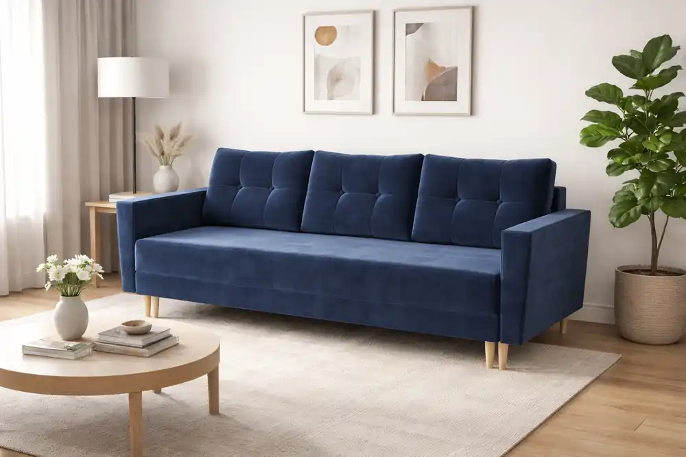 Nur Für Kurze Zeit Sofa Telsze blau elegantes Sofa für Wohnzimmer in skandinavischer Form hölzerne hohe Beine Container für Bettzeug