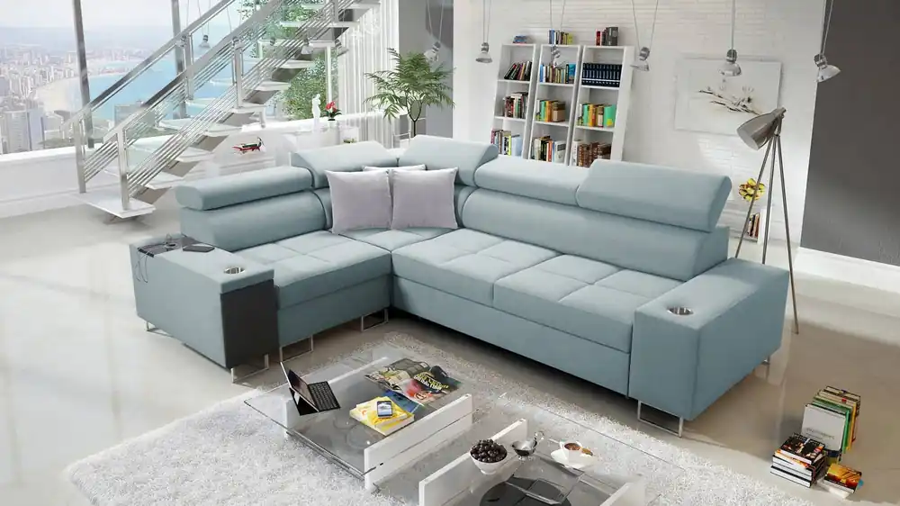 Ecksofa mit Schlaffunktion Dafni II arktikblau links geflochtenes Ecksofa mit Bettzeugschublade in der Seite des Möbels Direkt Vom Hersteller