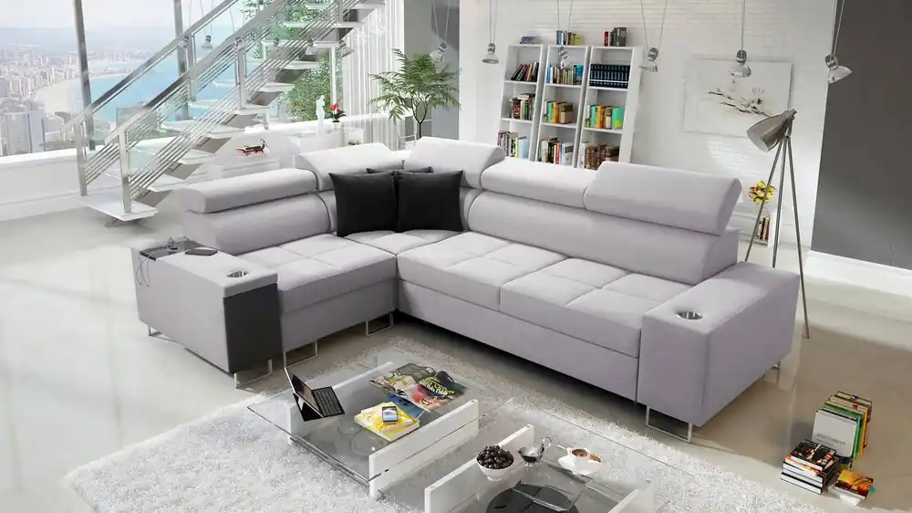 Sofort Bestellen Ecksofa mit Schlaffunktion Dafni II grau Esche links geflochtenes Ecksofa mit Bettzeugschublade in der Seite des Möbels