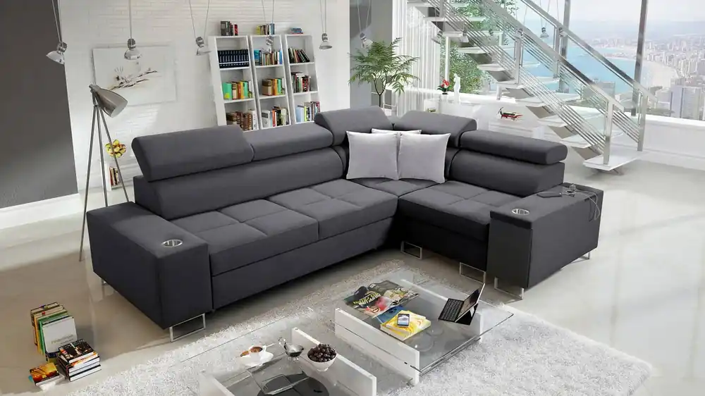 Garantierte Lieferung Ecksofa mit Schlaffunktion Dafni II graphit rechtwinkliges geflochtenes Ecksofa mit Bettzeugschublade in der Seite des Möbels