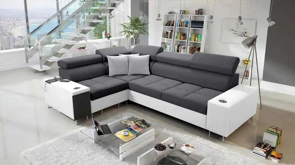 Ecksofa mit Schlaffunktion Dafni II graphitweiß links Schlafsofa mit Bettzeugschublade in der Seite des Möbels Zertifiziert