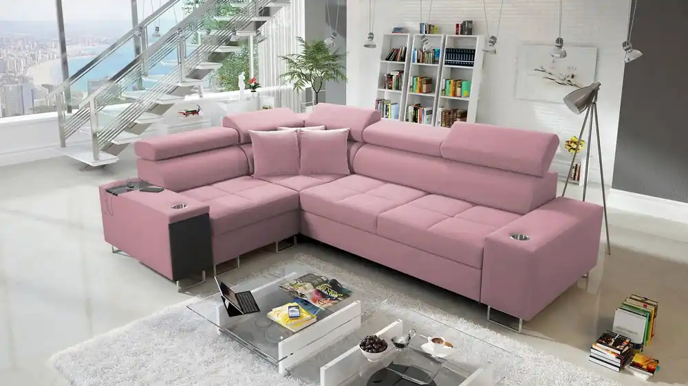 Ecksofa mit Schlaffunktion Dafni II Indisch rosa Linkshänder-Ecksofa aus Samt mit Bettzeugstauraum und Vollauszugschublade Neu Im Sortiment