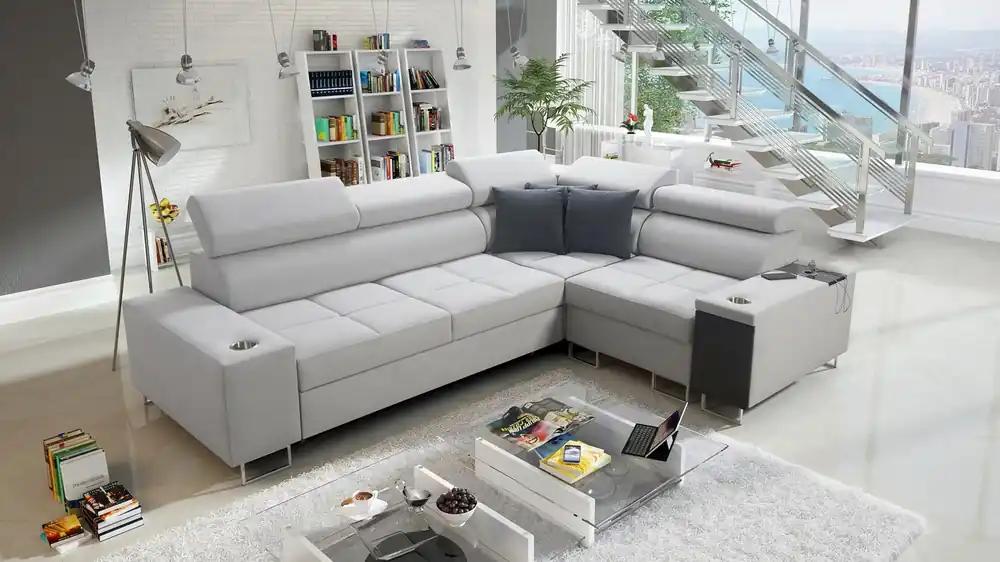 Ecksofa mit Schlaffunktion Dafni II grau Esche Samt rechts Ecksofa mit Bettzeugstauraum Vollauszug Echt