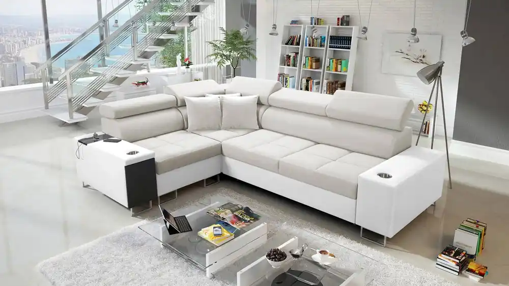 Angebot Ecksofa mit Schlaffunktion Dafni II elfenbein/weiß Linkshänder-Ecksofa aus Samt mit Bettzeugablage und Schublade in der Seite
