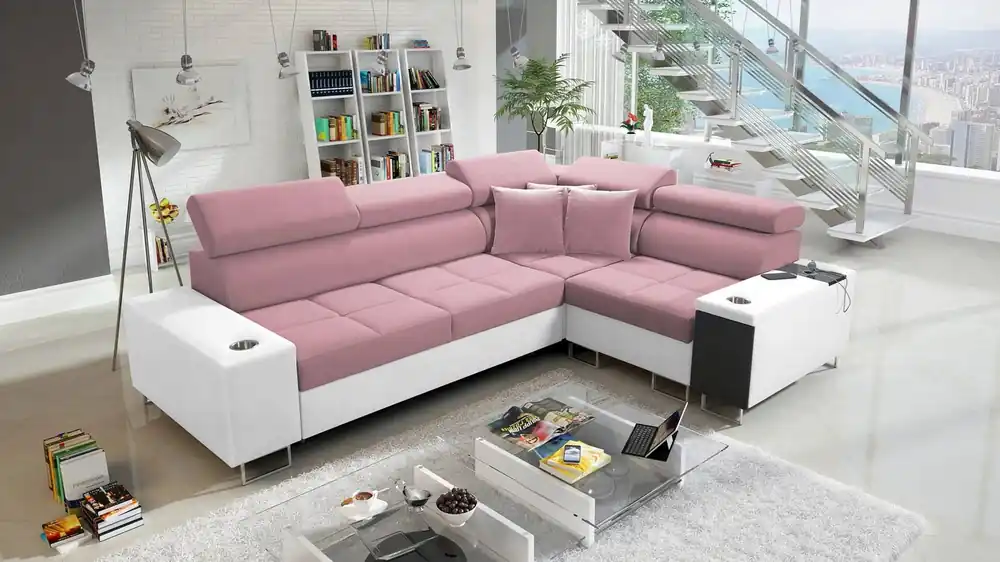 Neuheit Ecksofa mit Schlaffunktion Dafni II Indischer rosa/weißer Samt, rechtes Ecksofa mit Bettzeugablage und Schublade in der Seitenwand