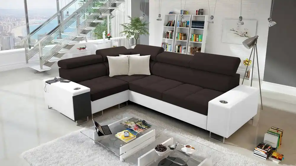Beliebt Ecksofa mit Schlaffunktion Dafni II braun-weißes Flecht-Ecksofa links mit Bettzeugstauraum und Vollauszug
