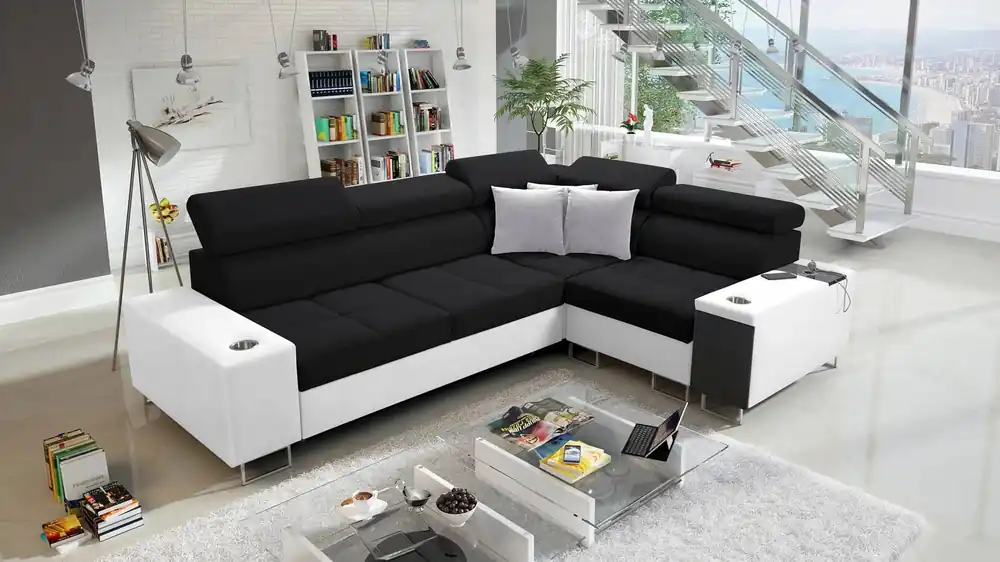 Ecksofa mit Schlaffunktion Dafni II schwarz-weißes, rechts geflochtenes Ecksofa mit Bettzeugstauraum und Schublade mit Vollauszug Schneller Versand
