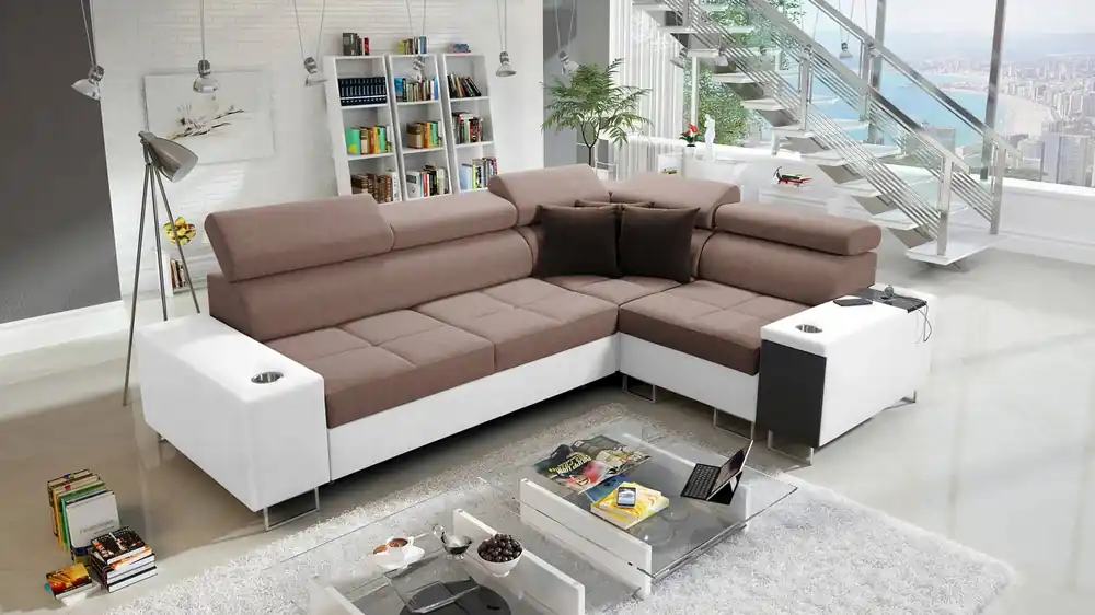 Markenprodukt Ecksofa mit Schlaffunktion Dafni II hellbraun/weiß rechtwinkliges geflochtenes Ecksofa mit Bettzeugschublade in der Seite des Möbels