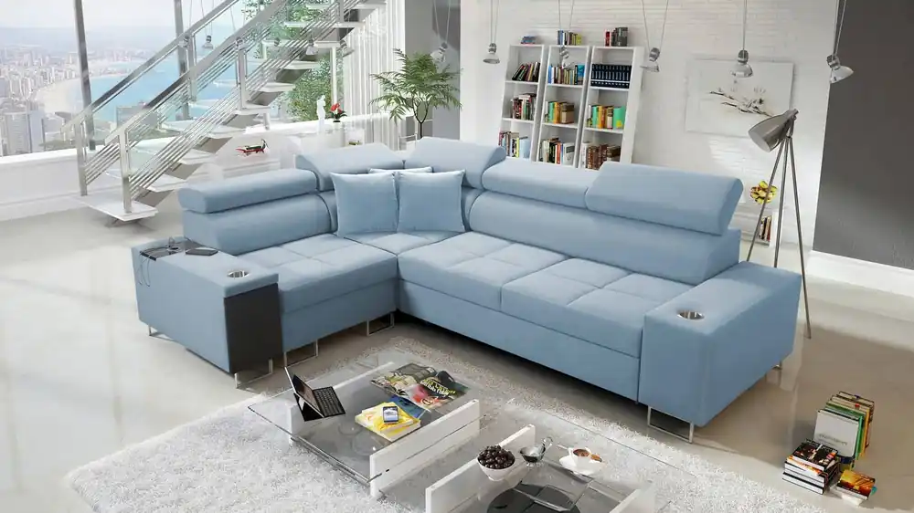 Ecksofa mit Schlaffunktion Dafni II blaues linksseitiges Ecksofa aus Samt mit Bettzeugstauraum und Vollauszug Solange Der Vorrat Reicht
