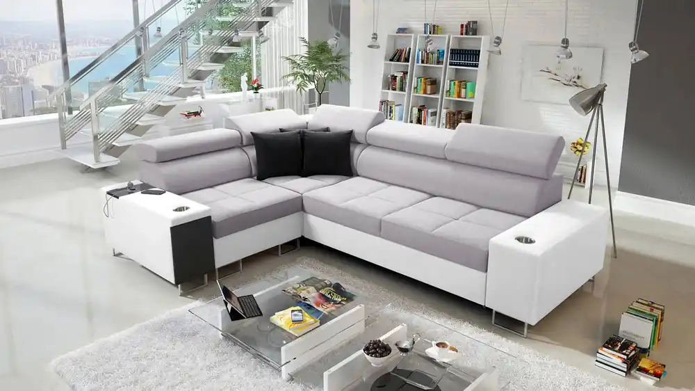 Aktuell Ecksofa mit Schlaffunktion Dafni II Esche grau / weiß links geflochtenes Ecksofa mit Bettzeugschublade in der Seite