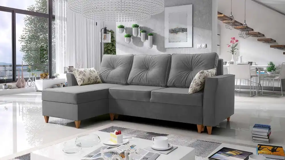 Super-Preis Ecksofa mit Schlaffunktion Topeka graue Esche linke Seite stilvolles und modernes Design, das sich in jede Einrichtung einfügt