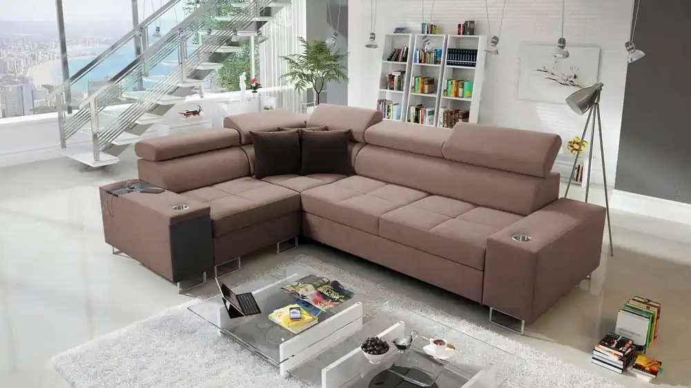 Ecksofa mit Schlaffunktion Dafni II hellbraunes, links geflochtenes Ecksofa mit Bettzeugschublade in der Seite des Möbels Rabatt