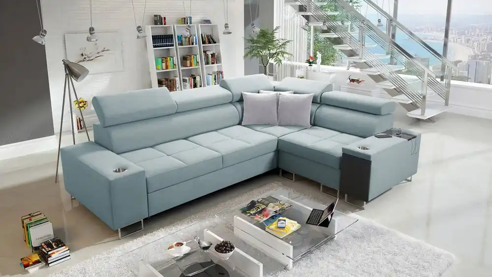 Ecksofa mit Schlaffunktion Dafni II arktisblau rechtwinkliges geflochtenes Ecksofa mit Bettzeugschublade in der Seite des Möbels Neue Ware
