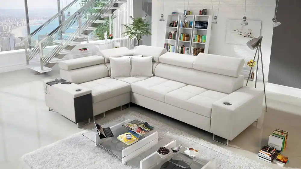 Ecksofa mit Schlaffunktion Dafni II elfenbeinfarbenes Ecksofa aus Samt links mit Bettzeugstauraum und Vollauszug Super-Preis