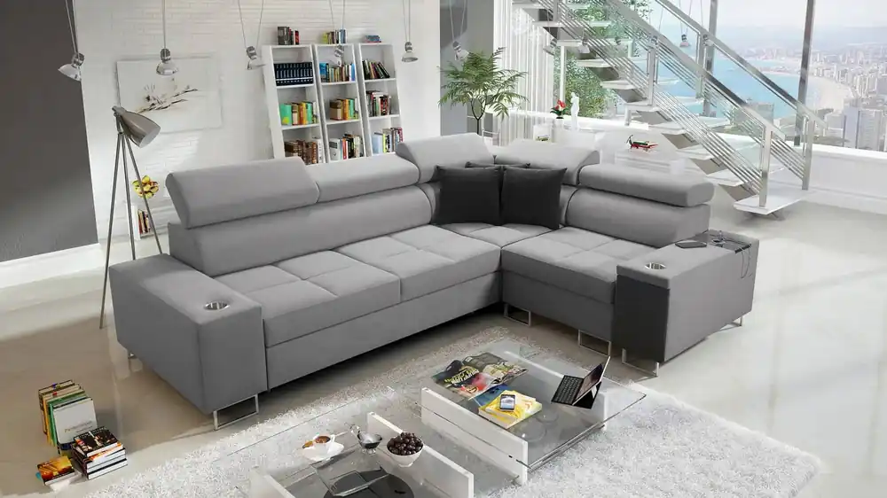 Markenware Ecksofa mit Schlaffunktion Dafni II grau rechts geflochtenes Ecksofa mit Bettzeugstauraum Vollauszug in der Seitenwand