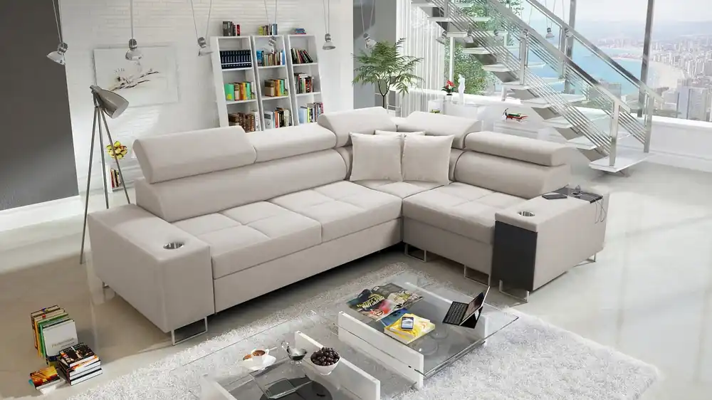 Direktkauf Ecksofa mit Schlaffunktion Dafni II hellbeige Samt rechts Ecksofa mit Bettzeugstauraum Vollauszug