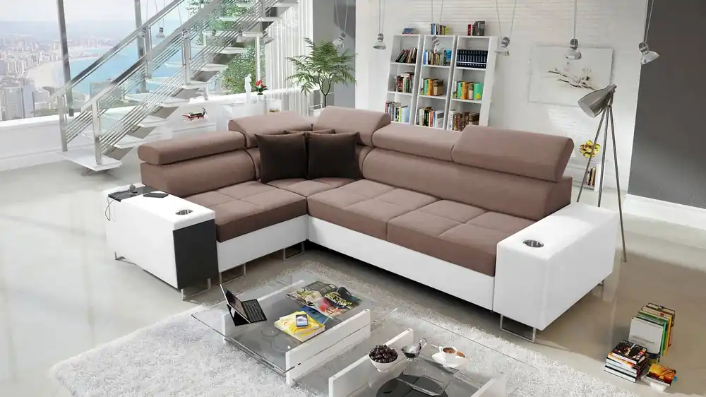 Ecksofa mit Schlaffunktion Dafni II hellbraun/weiß links Schlafsofa mit Bettzeugschublade in der Seite des Möbels Billig