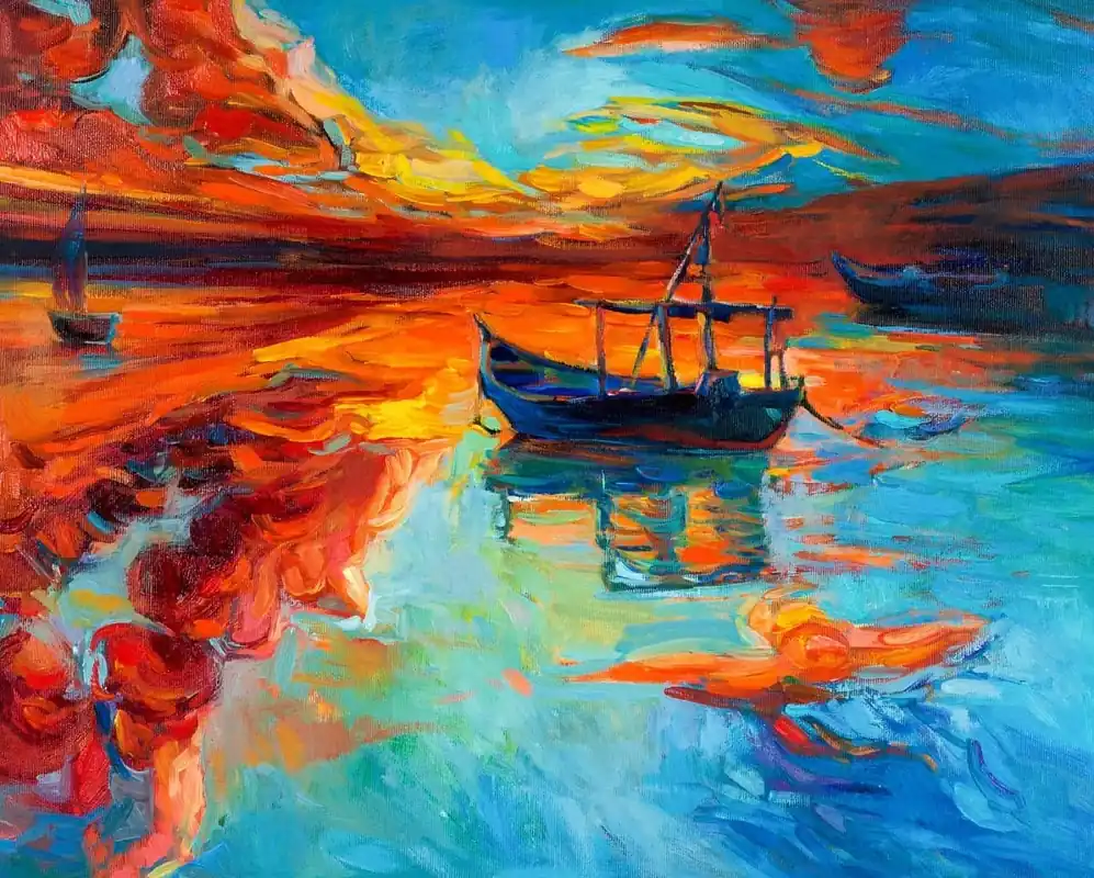 Top-Preis Leinwandbild bemalte Boote am Meer 100x70 cm zeitlose Dekoration jedes Interieurs ausdrucksstarke Farben hochwertige Verarbeitung