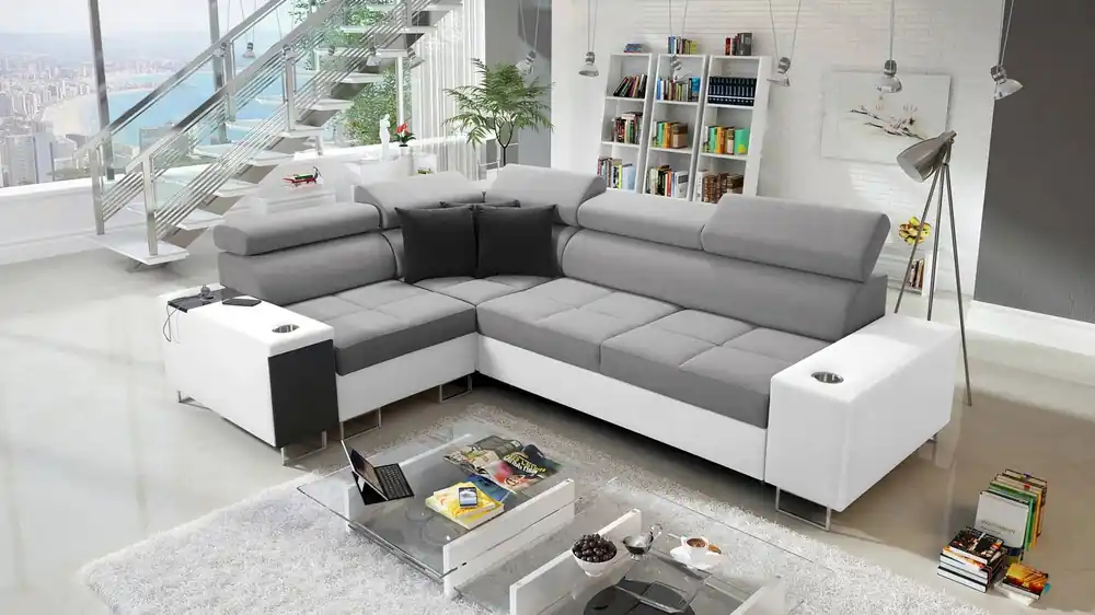 Sonderaktion Ecksofa mit Schlaffunktion Dafni II grau weiß links geflochtenes Ecksofa mit Bettzeugstauraum Vollauszug