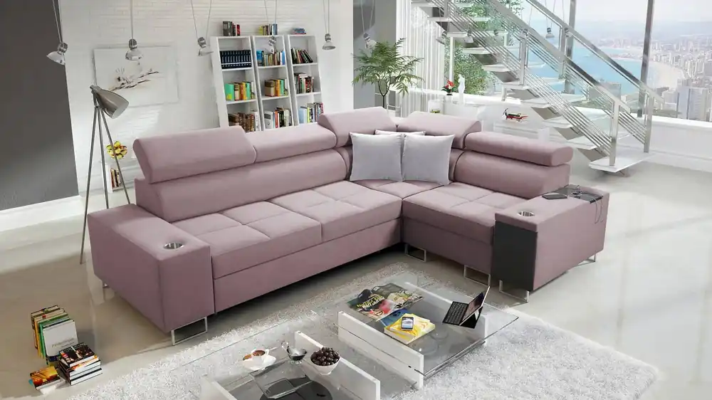 Ecksofa mit Schlaffunktion Dafni II lavendelrosa rechtwinkliges geflochtenes Ecksofa mit Bettzeugschublade in der Seite des Möbels Top-Preis