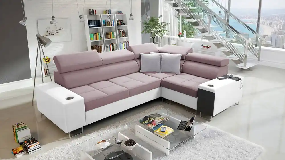 Solange Der Vorrat Reicht Ecksofa mit Schlaffunktion Dafni II lavendelrosa/weiß rechtwinkliges geflochtenes Ecksofa mit Bettzeugschublade in der Seite