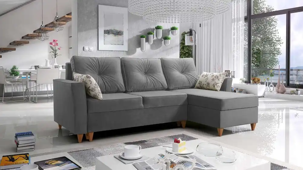 Ecksofa mit Schlaffunktion Topeka Esche grau rechtshändig Stilvolles und modernes Design, das sich in jede Einrichtung einfügt Finale Aktion