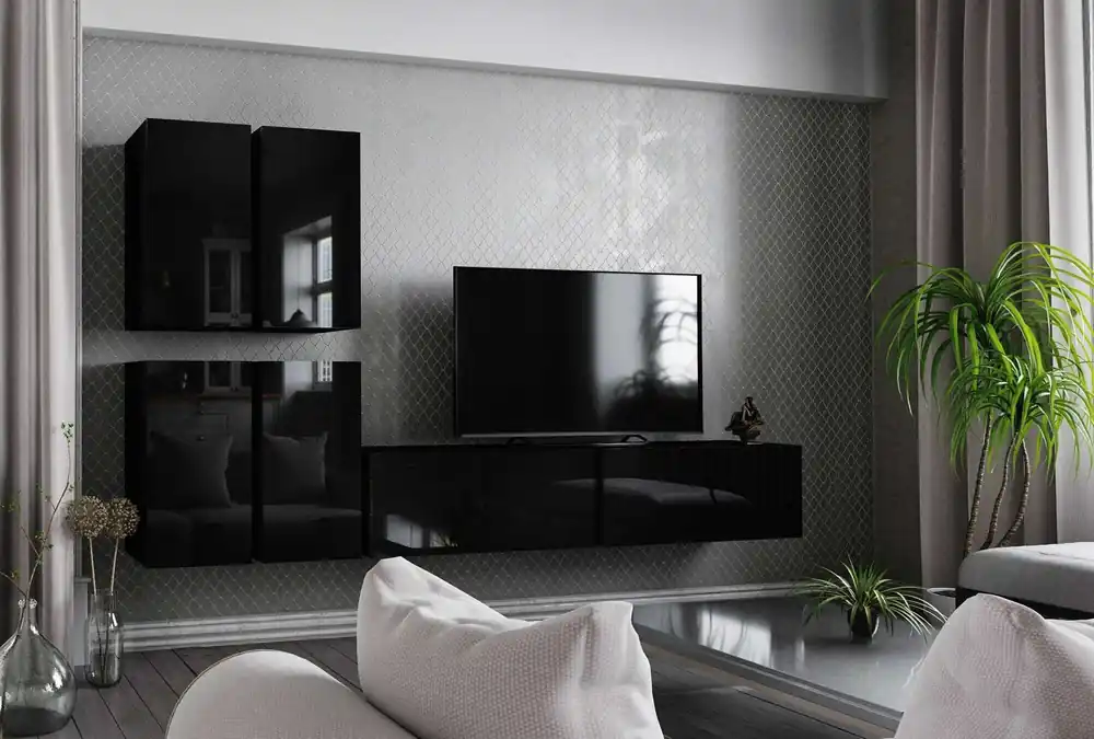 Günstig Malaga schwarz glänzend ergonomische und funktionale geometrisch inspirierte Schrankwand vergrößert optisch Ihr Interieur zum Aufhängen an der Wand