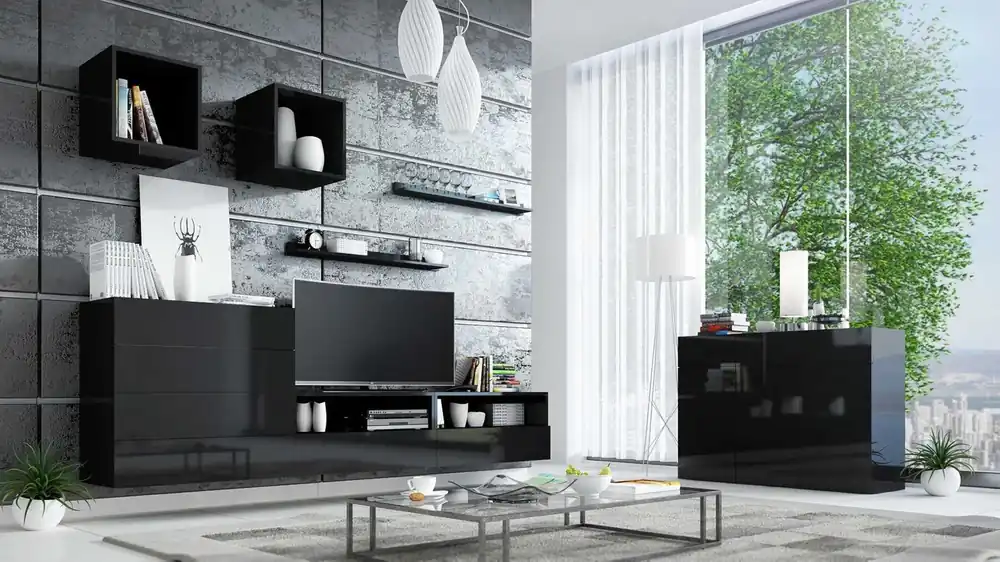 Psaru-Möbelset schwarz/schwarz glänzend moderne Design-Wohnwand für Wohnzimmer oder Lounge mit Hochglanzfronten Billig