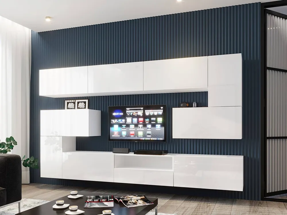 Möbelwand Selasia weiß / weiß glänzend stilvolle grifflose Designmöbel für Wohnzimmer oder Dielenbereich Günstig