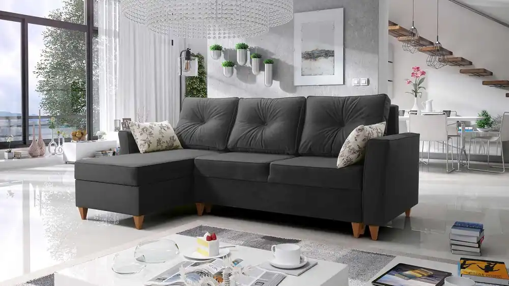 Sonderaktion Ecksofa mit Schlaffunktion Topeka graphit linke Seite stilvolles und modernes Design, das sich in jede Einrichtung einfügt