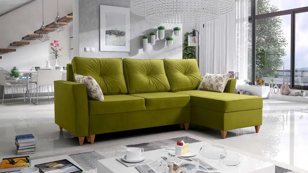 Ecksofa mit Schlaffunktion Topeka grün oliv rechtshändig stilvolles und modernes Design, das sich in jede Einrichtung einfügt Wochenendangebot