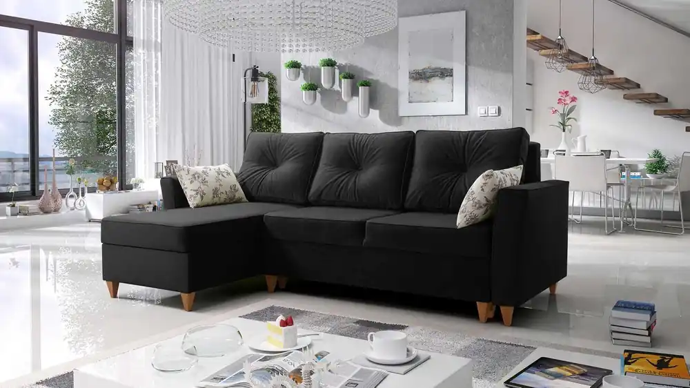 Online Kaufen Ecksofa mit Schlaffunktion Topeka schwarz linke Seite stilvolles und modernes Design, das sich in jede Einrichtung einfügt