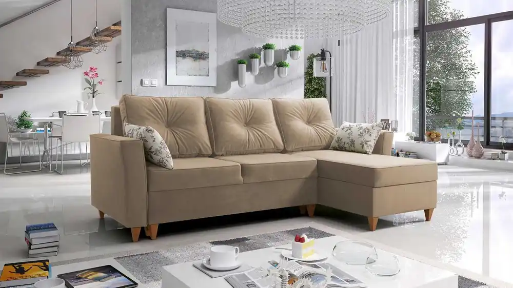Preisreduziert Ecksofa mit Schlaffunktion Topeka beige rechte Seite stilvolles und modernes Design, das sich in jede Einrichtung einfügt