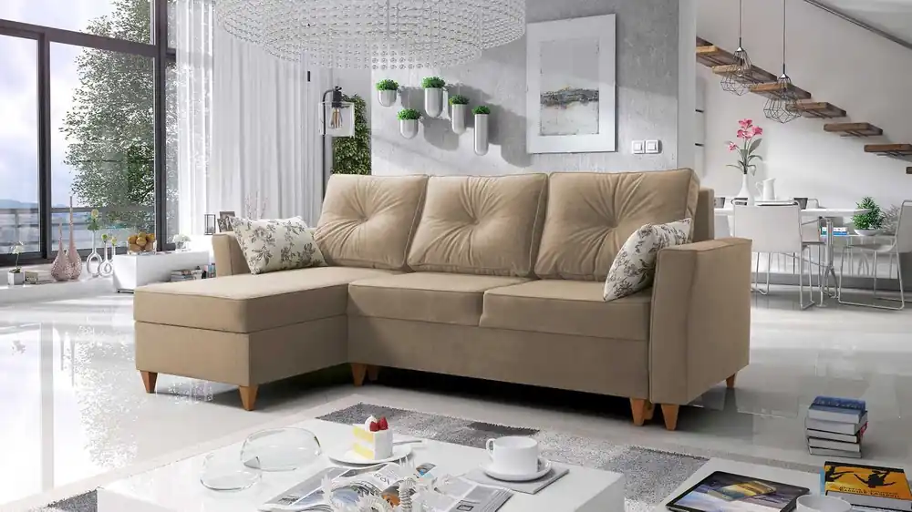 Sonderangebot Ecksofa mit Schlaffunktion Topeka beige linke Seite stilvolles und modernes Design, das sich in jede Einrichtung einfügt