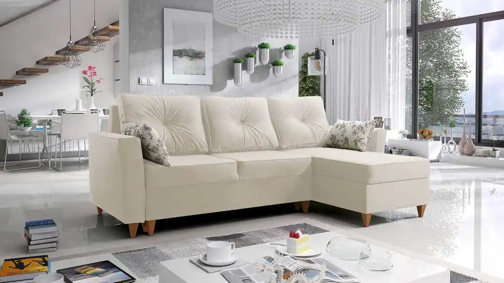Ecksofa mit Schlaffunktion Topeka ecru rechte Seite stilvolles und modernes Design, das sich in jede Einrichtung einfügt Geprüft
