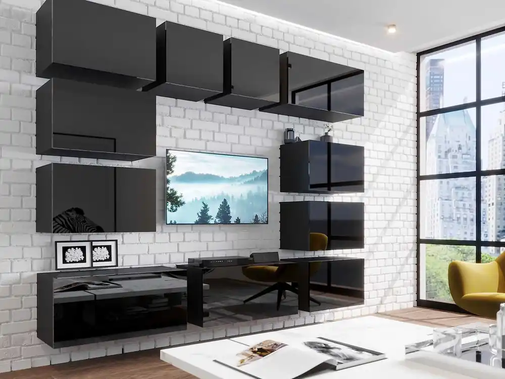Lutro schwarz / schwarz glänzend unkonventionelle Schrankwand mit elegantem Charakter, ideal für ein Wohnzimmer oder einen Sitzungssaal Abverkauf
