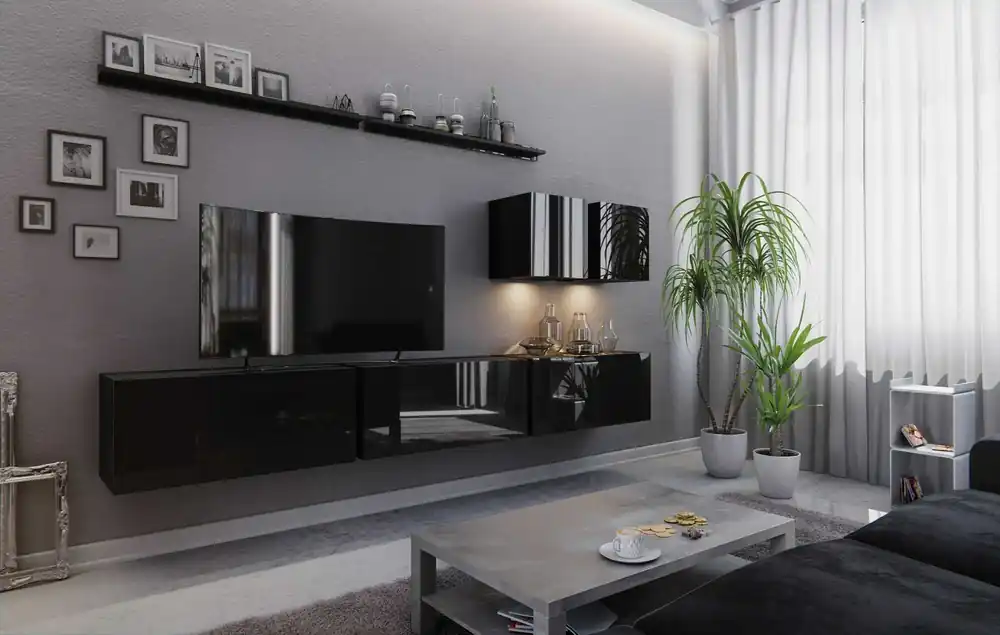 Saisonangebot Geometrisch inspirierte Schrankwand Awans schwarz glänzend ergonomisch und funktionell, um Ihr Interieur optisch zu vergrößern