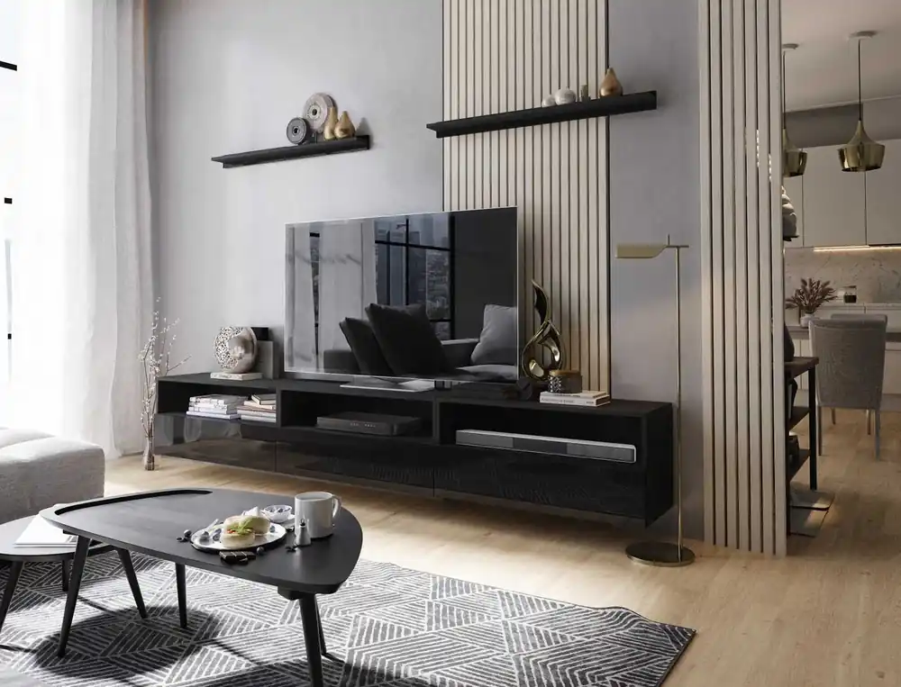 Preisreduziert Kaires 258 cm schwarz / schwarz glänzend wandmontierter RTV-Schrank mit Einlegeböden elegantes und stilvolles Design, das zu jeder Einrichtung passt