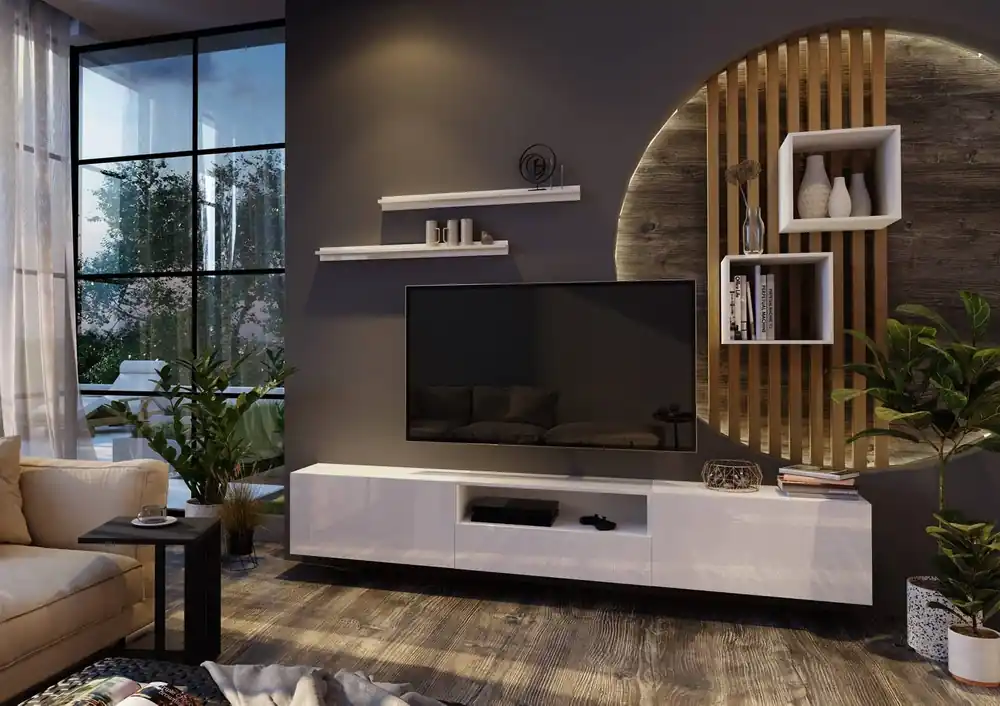 Neu Metoni weiß / weiß glänzend universelle und stilvolle Wohnwand für das Wohnzimmer minimalistisches Design in einer modernen Umgebung