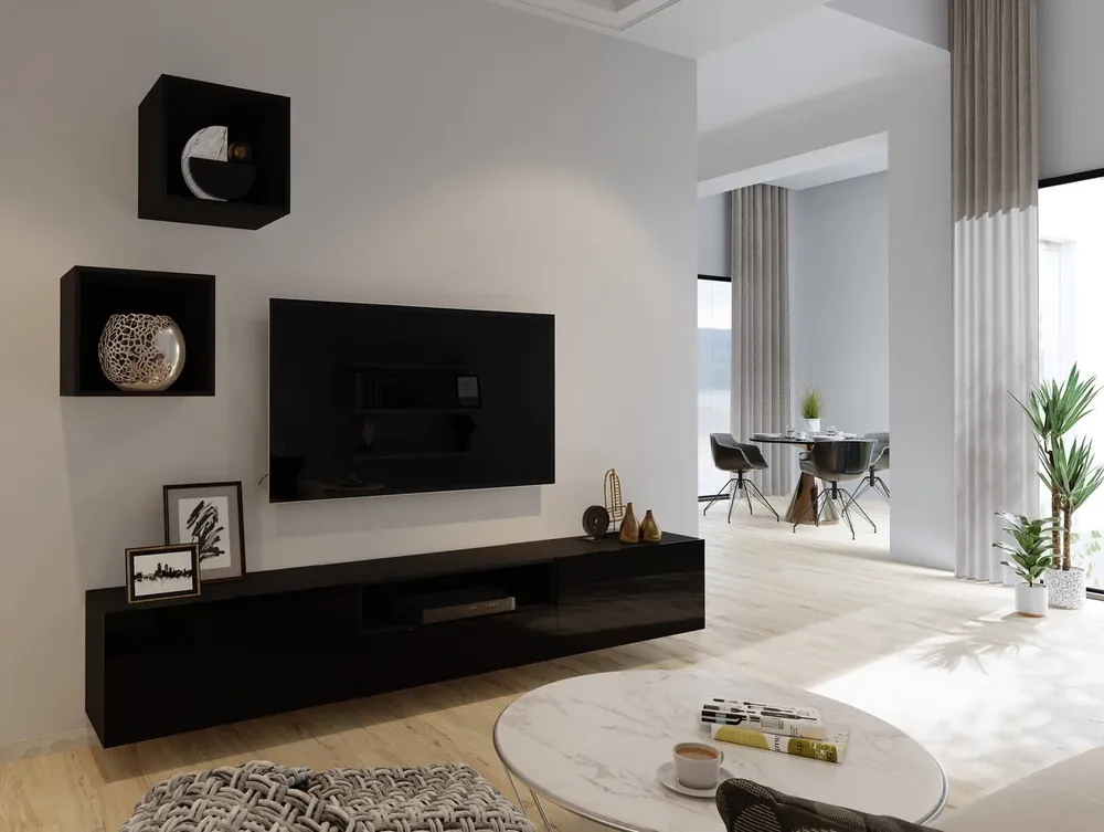 Super-Preis Mistra schwarz / schwarz glänzend universelle und stilvolle Schrankwand für das Wohnzimmer minimalistisches Design in einer modernen Umgebung