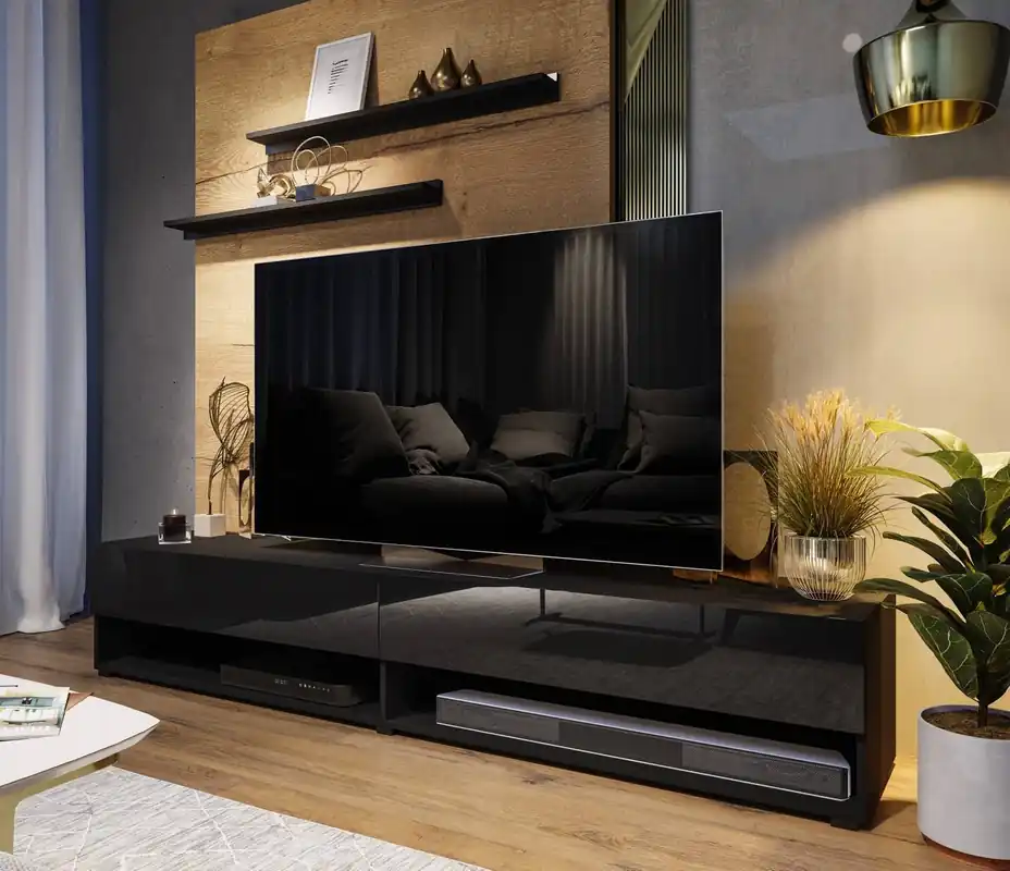 RTV-Schrank Nea 180 cm schwarz / schwarz glänzend mit Aufhängung und Einlegeböden stilvolles Design, das zu jeder Einrichtung passt Preis Gesenkt