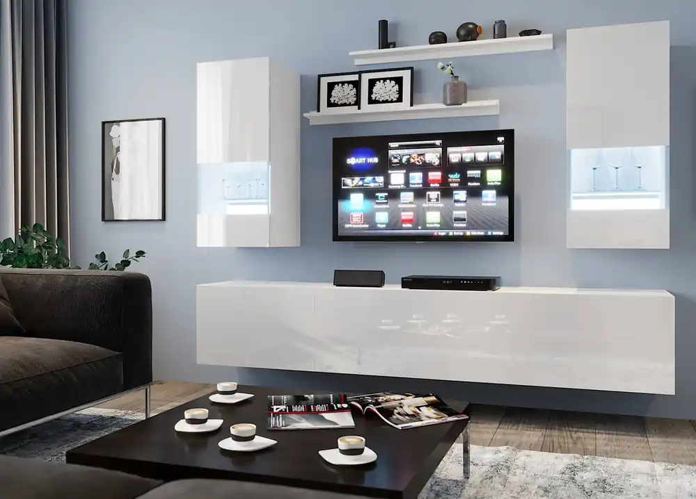 Pella weiß / weiß glänzend universelle Schrankwand für das Wohnzimmer mit einem hellen Design wird perfekt in jedes Interieur passen Sofort Bestellen